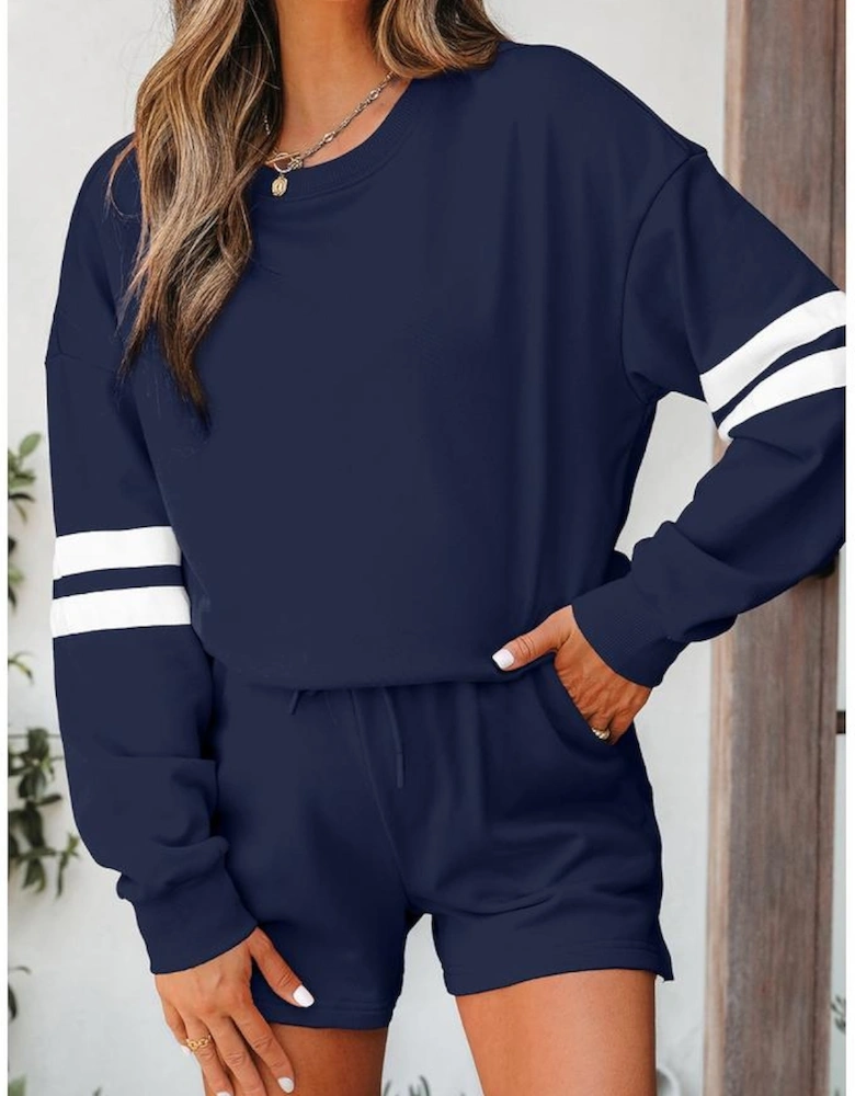 Navy Blue Varsity Striped Sleeve Drop Shoulder Sweatshirt and Short Set