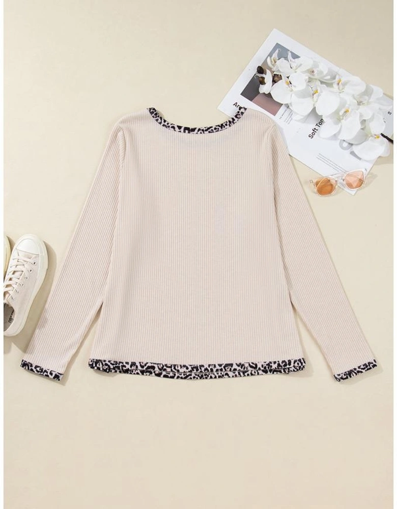 Parchment Ribbed Contrast Leopard Edge Round Neck Plus Knit Top