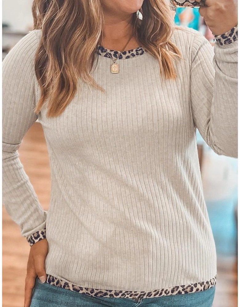 Parchment Ribbed Contrast Leopard Edge Round Neck Plus Knit Top