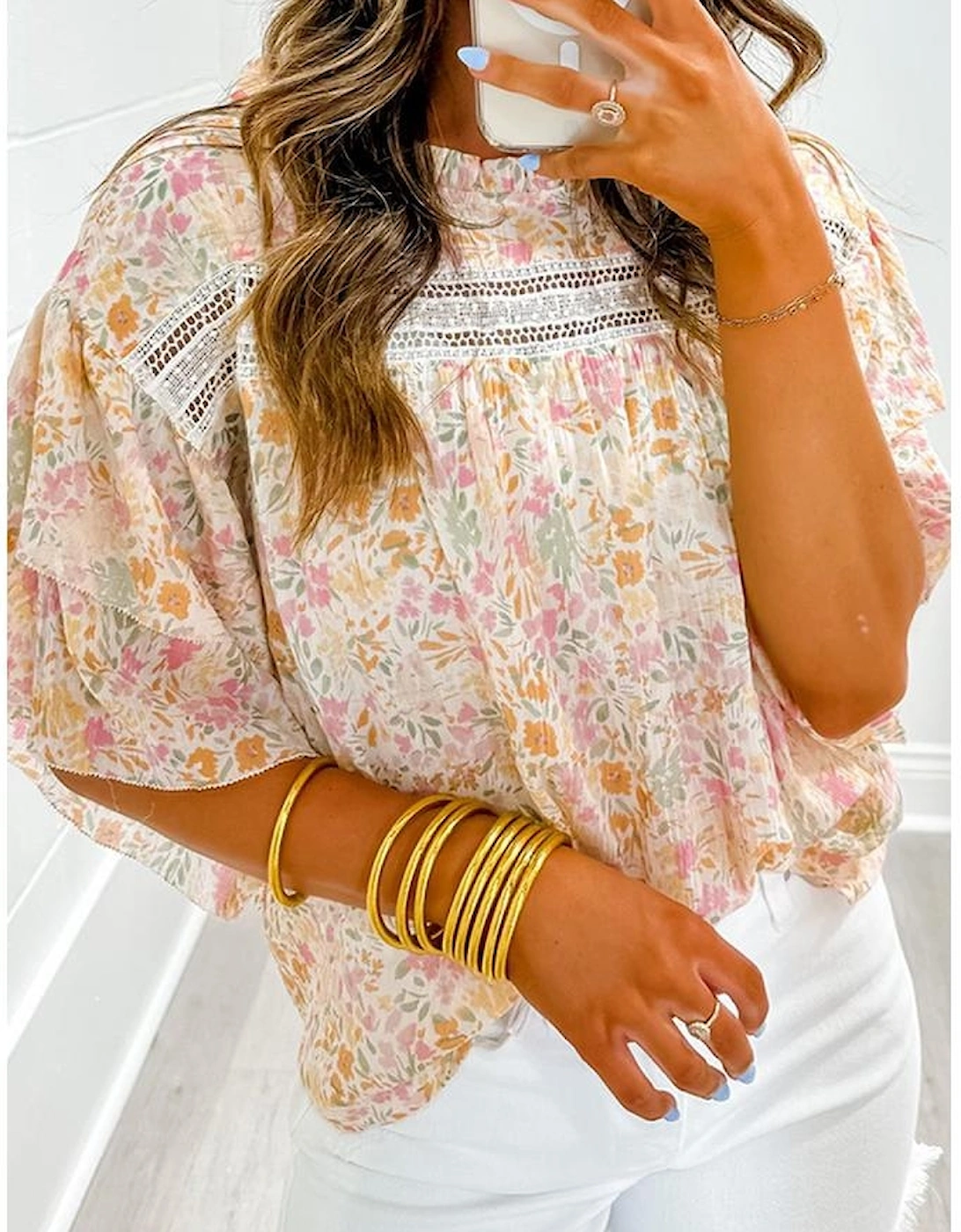 Multicolor Floral Print Wide Ruffle Sleeves Blouse