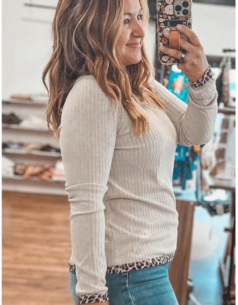 Parchment Ribbed Contrast Leopard Edge Round Neck Plus Knit Top