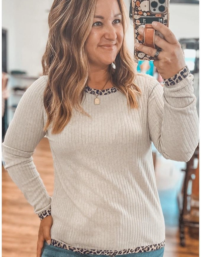 Parchment Ribbed Contrast Leopard Edge Round Neck Plus Knit Top