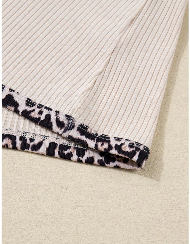 Parchment Ribbed Contrast Leopard Edge Round Neck Plus Knit Top
