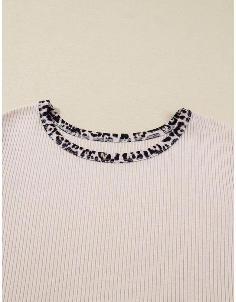 Parchment Ribbed Contrast Leopard Edge Round Neck Plus Knit Top