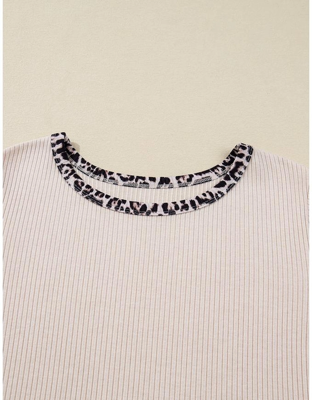 Parchment Ribbed Contrast Leopard Edge Round Neck Plus Knit Top