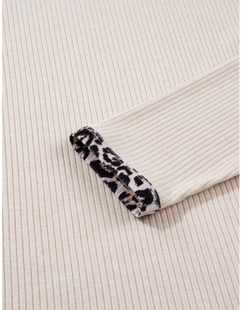 Parchment Ribbed Contrast Leopard Edge Round Neck Plus Knit Top