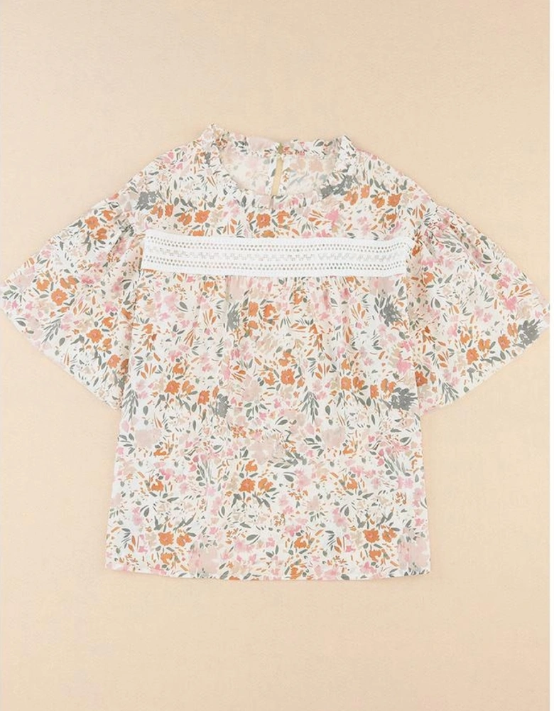 Multicolor Floral Print Wide Ruffle Sleeves Blouse