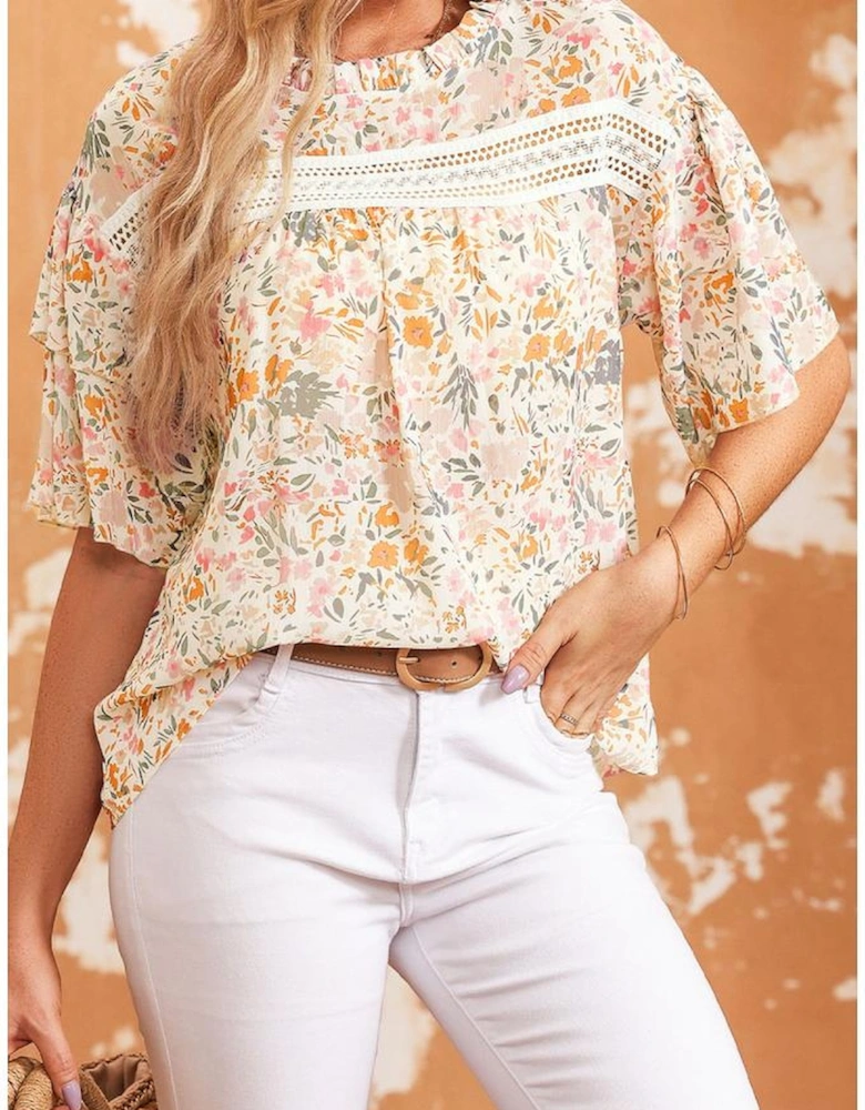 Multicolor Floral Print Wide Ruffle Sleeves Blouse