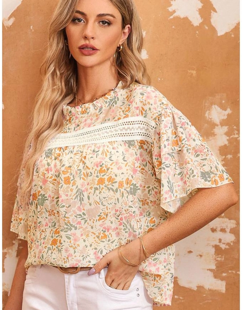 Multicolor Floral Print Wide Ruffle Sleeves Blouse