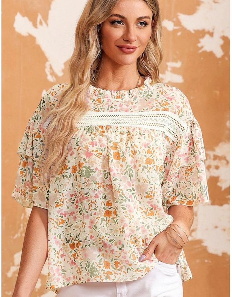 Multicolor Floral Print Wide Ruffle Sleeves Blouse