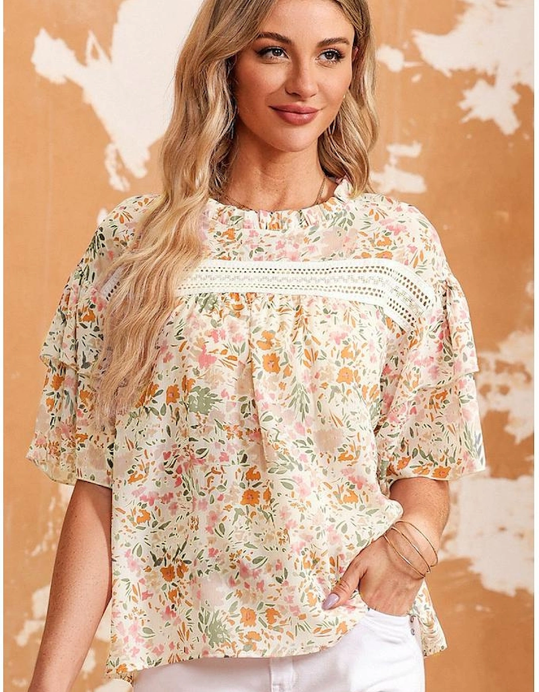 Multicolor Floral Print Wide Ruffle Sleeves Blouse