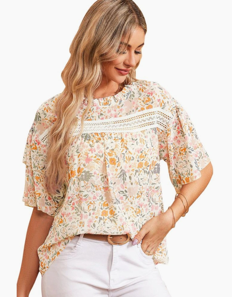 Multicolor Floral Print Wide Ruffle Sleeves Blouse