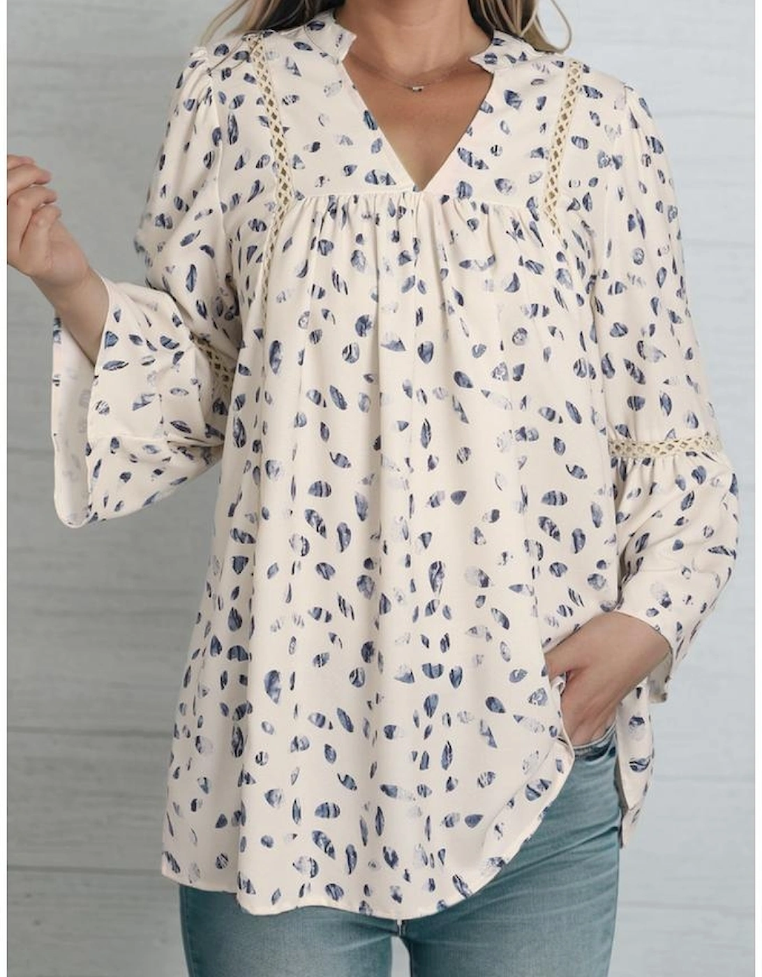 Leopard Split Neck Hollowed Lace Trim Babydoll Blouse