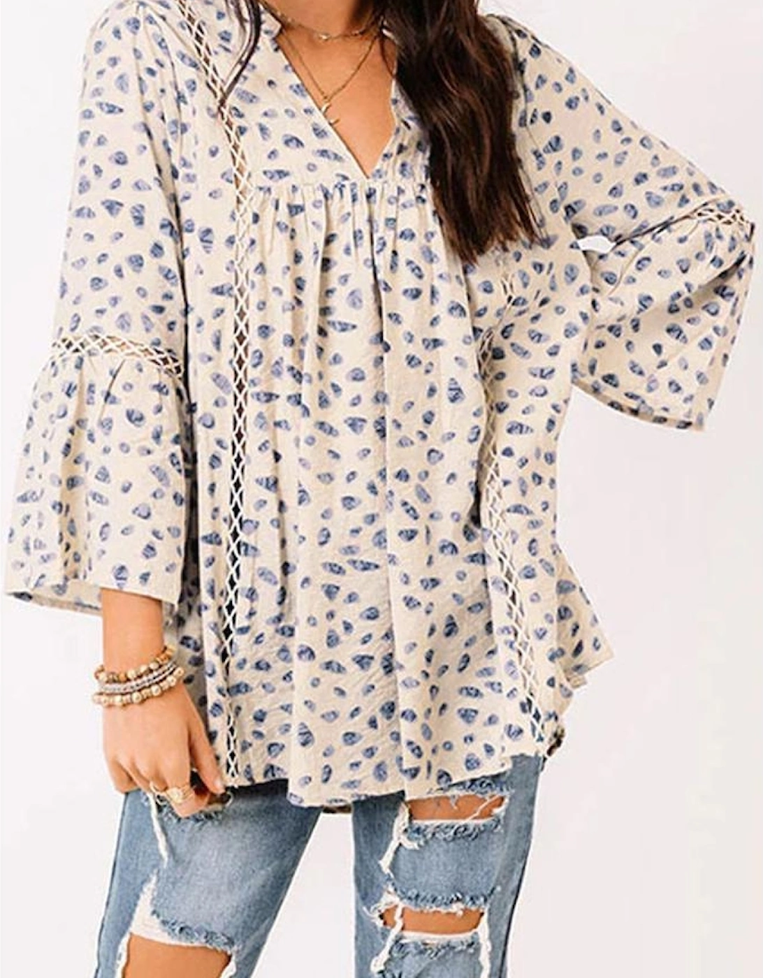 Leopard Split Neck Hollowed Lace Trim Babydoll Blouse