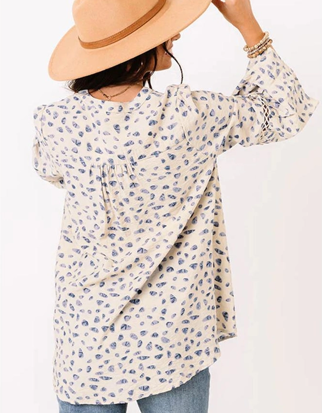 Leopard Split Neck Hollowed Lace Trim Babydoll Blouse