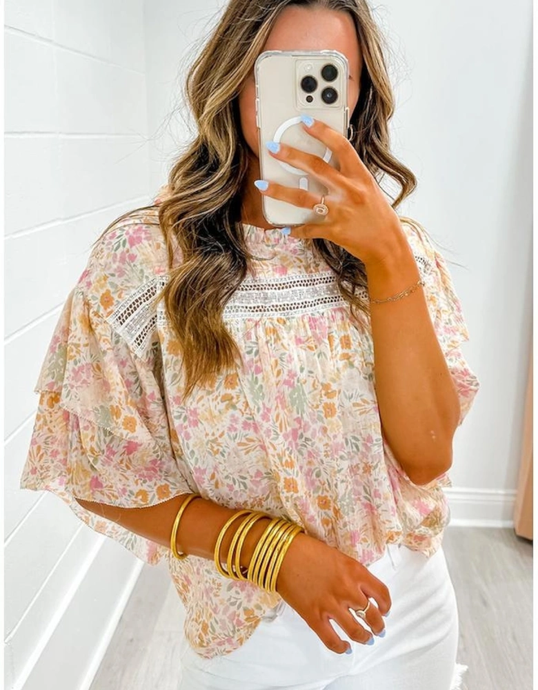Multicolor Floral Print Wide Ruffle Sleeves Blouse