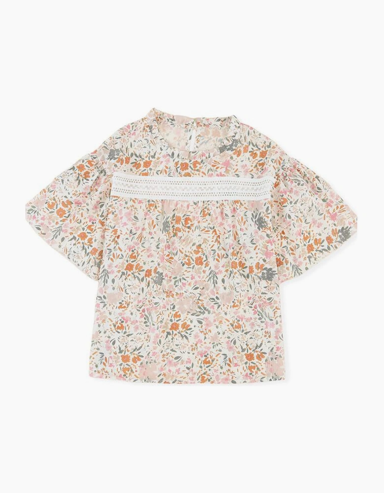 Multicolor Floral Print Wide Ruffle Sleeves Blouse