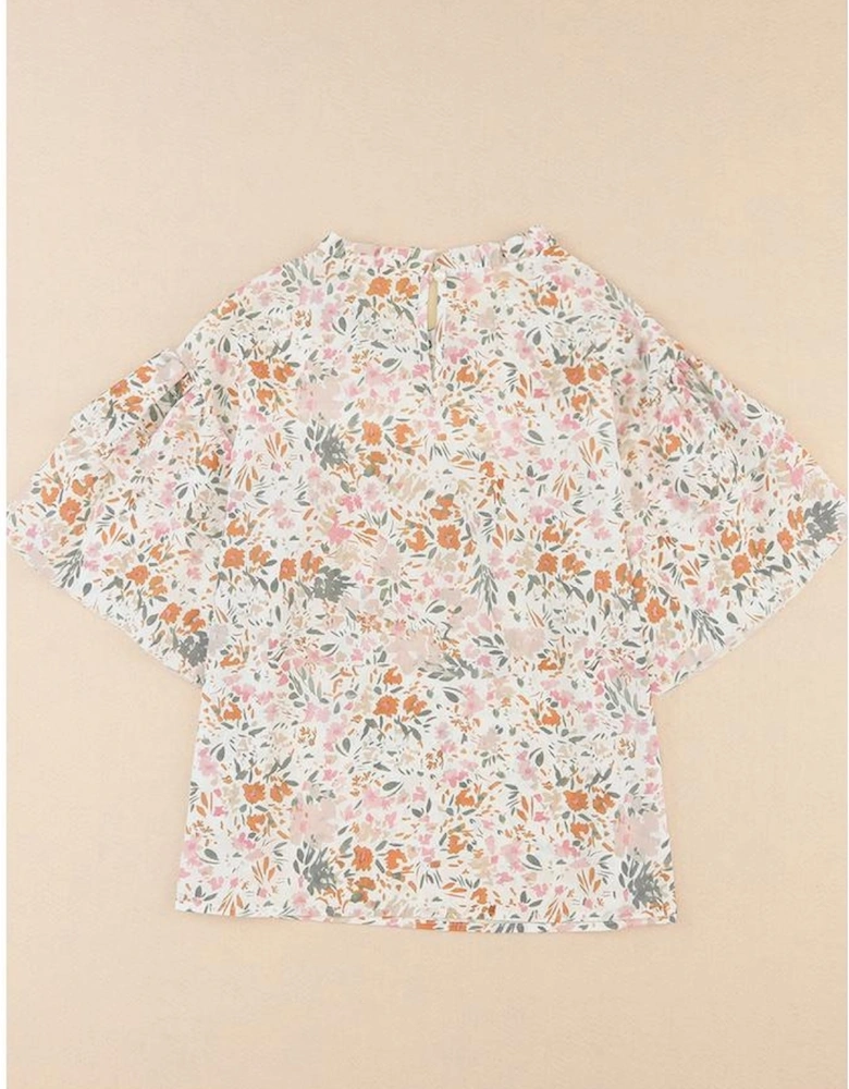 Multicolor Floral Print Wide Ruffle Sleeves Blouse