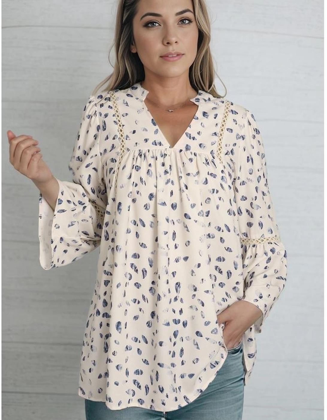 Leopard Split Neck Hollowed Lace Trim Babydoll Blouse