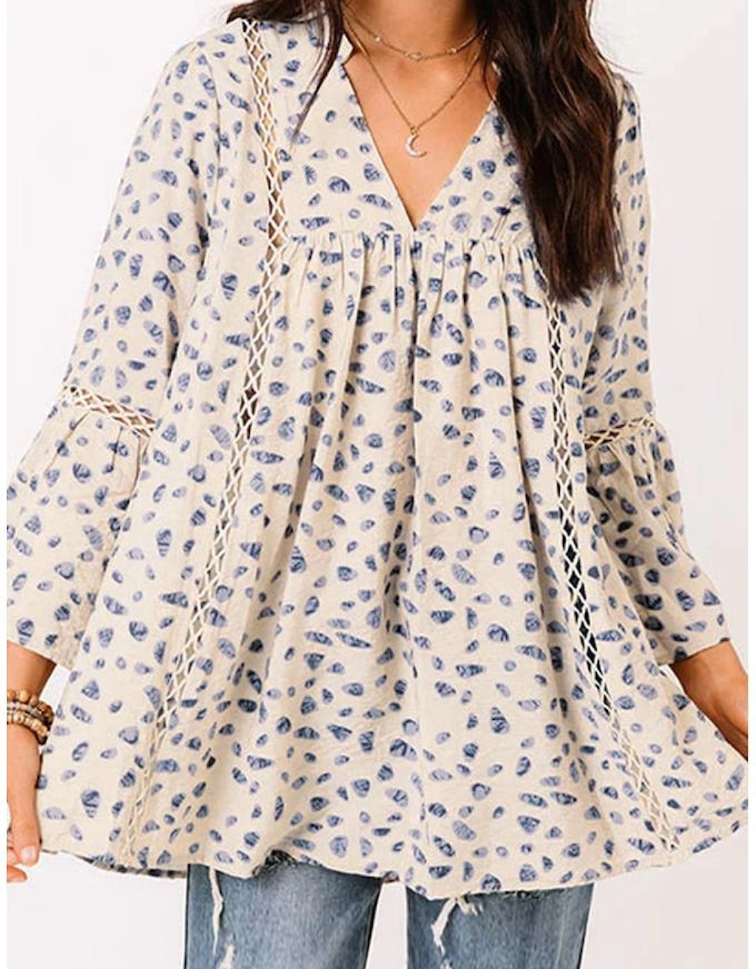 Leopard Split Neck Hollowed Lace Trim Babydoll Blouse