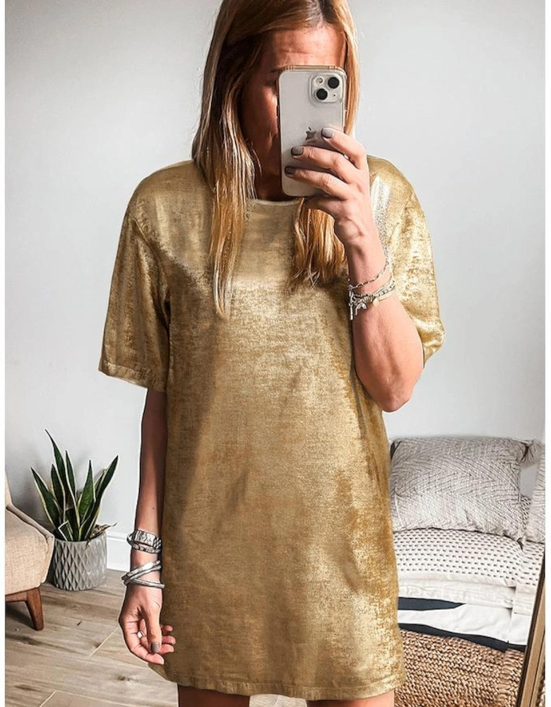 Gold Metallic Luster Crewneck Mini T-Shirt Dress