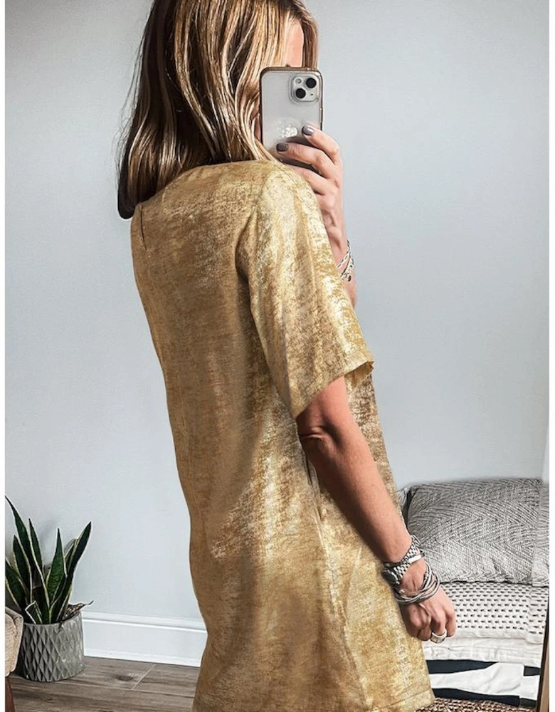 Gold Metallic Luster Crewneck Mini T-Shirt Dress