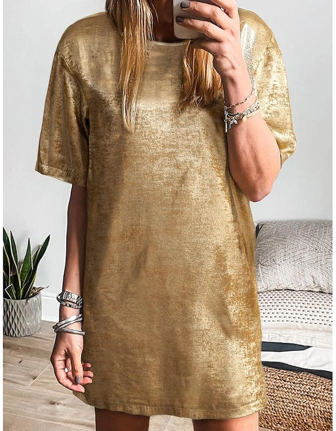 Gold Metallic Luster Crewneck Mini T-Shirt Dress, 12 of 11