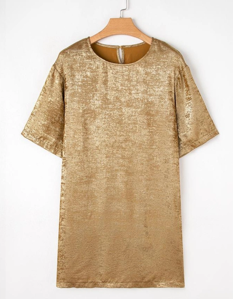 Gold Metallic Luster Crewneck Mini T-Shirt Dress