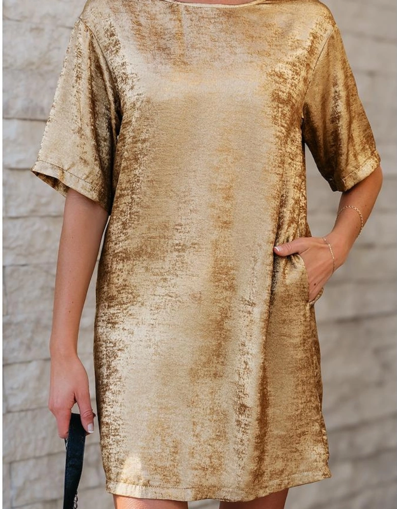 Gold Metallic Luster Crewneck Mini T-Shirt Dress