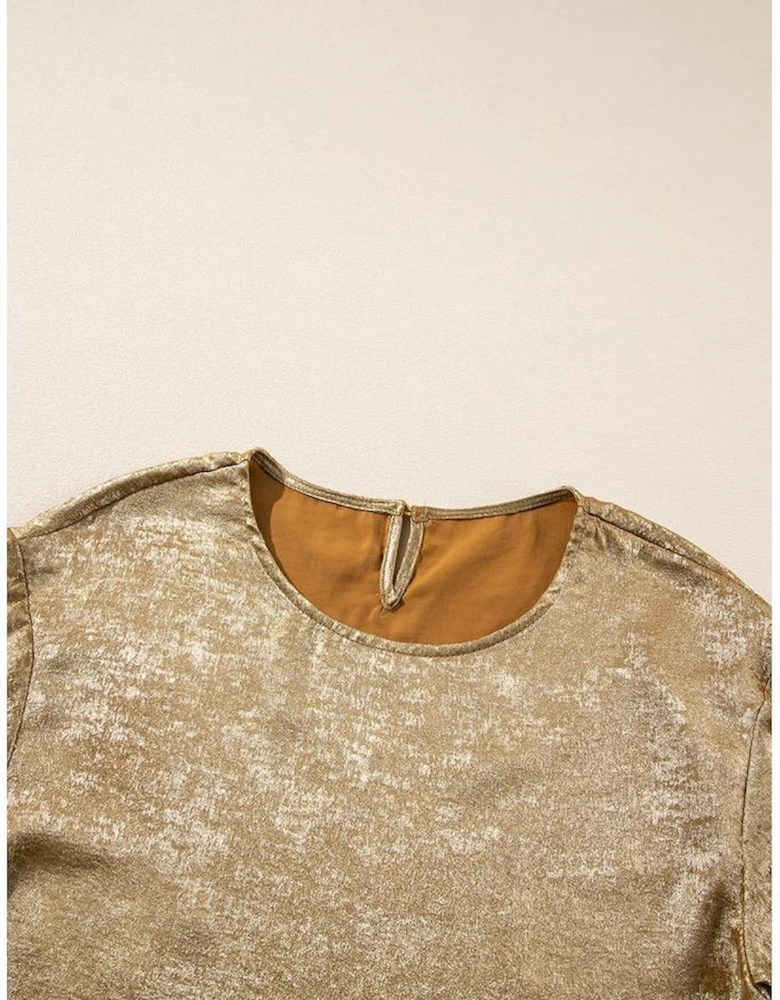 Gold Metallic Luster Crewneck Mini T-Shirt Dress