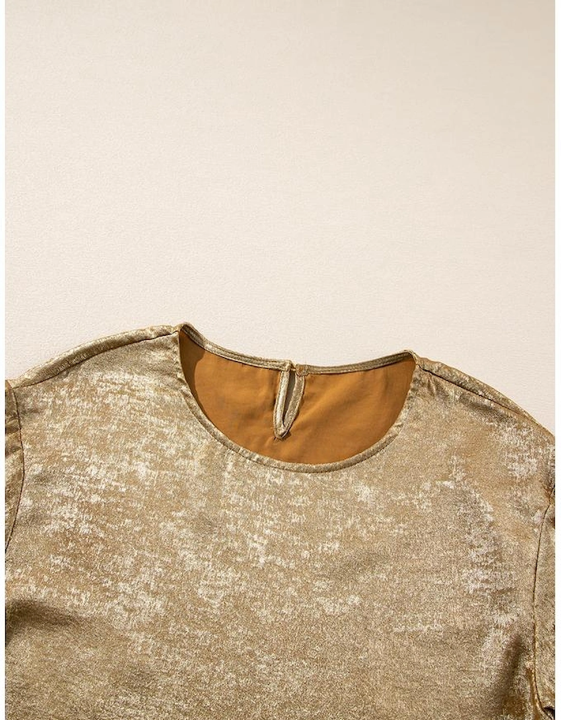 Gold Metallic Luster Crewneck Mini T-Shirt Dress