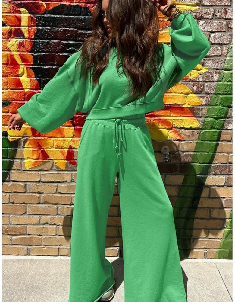 Bright Green Drop Shoulder Puff Sleeve Crop Pullover Drawstring Wide Leg Pants Set
