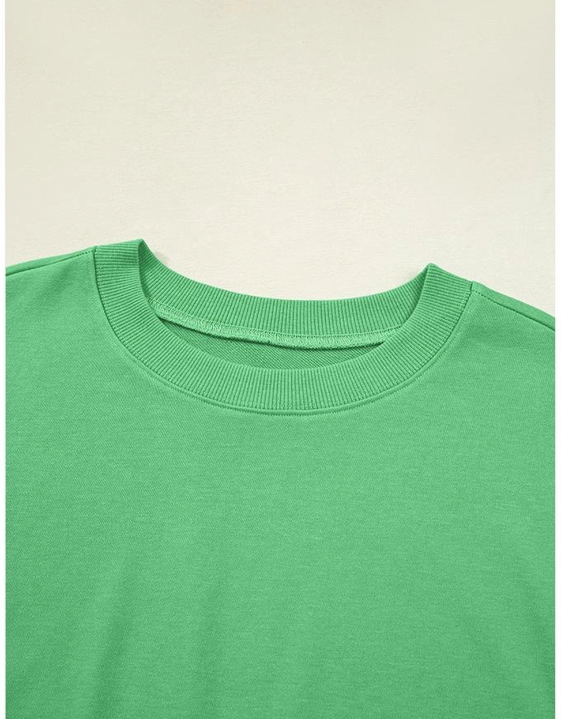 Bright Green Drop Shoulder Puff Sleeve Crop Pullover Drawstring Wide Leg Pants Set