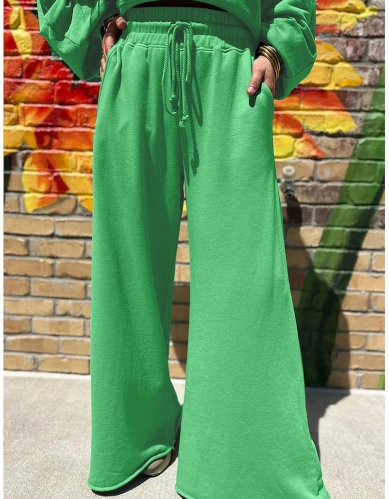 Bright Green Drop Shoulder Puff Sleeve Crop Pullover Drawstring Wide Leg Pants Set