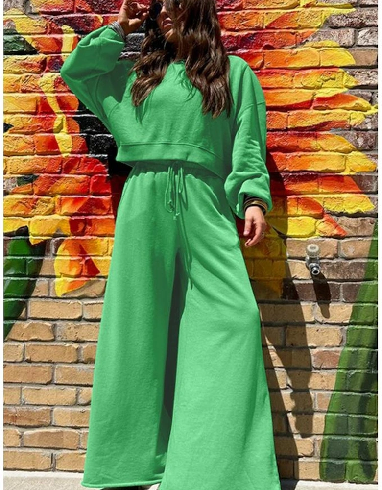 Bright Green Drop Shoulder Puff Sleeve Crop Pullover Drawstring Wide Leg Pants Set