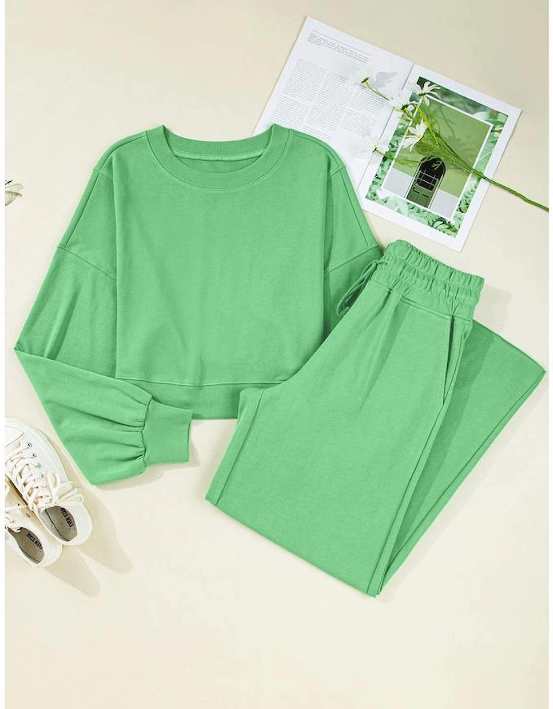Bright Green Drop Shoulder Puff Sleeve Crop Pullover Drawstring Wide Leg Pants Set