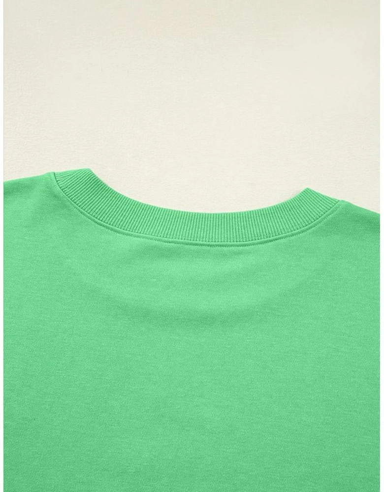 Bright Green Drop Shoulder Puff Sleeve Crop Pullover Drawstring Wide Leg Pants Set