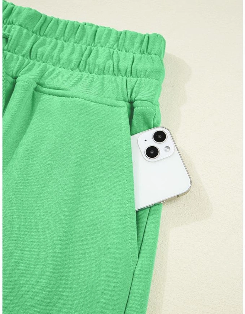 Bright Green Drop Shoulder Puff Sleeve Crop Pullover Drawstring Wide Leg Pants Set