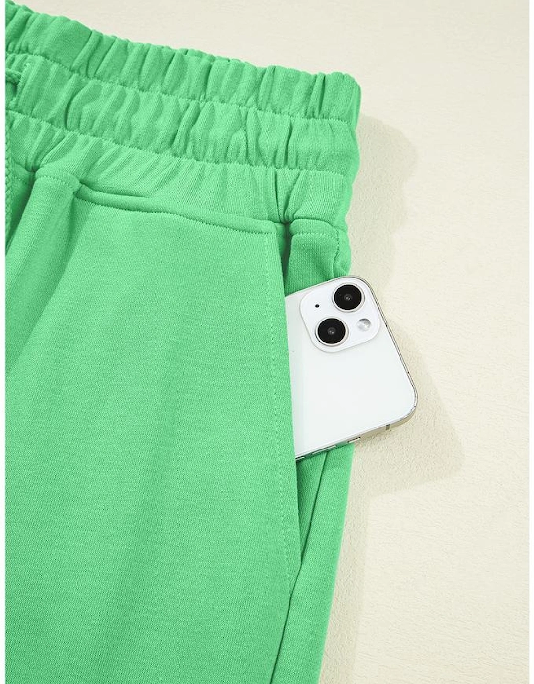 Bright Green Drop Shoulder Puff Sleeve Crop Pullover Drawstring Wide Leg Pants Set