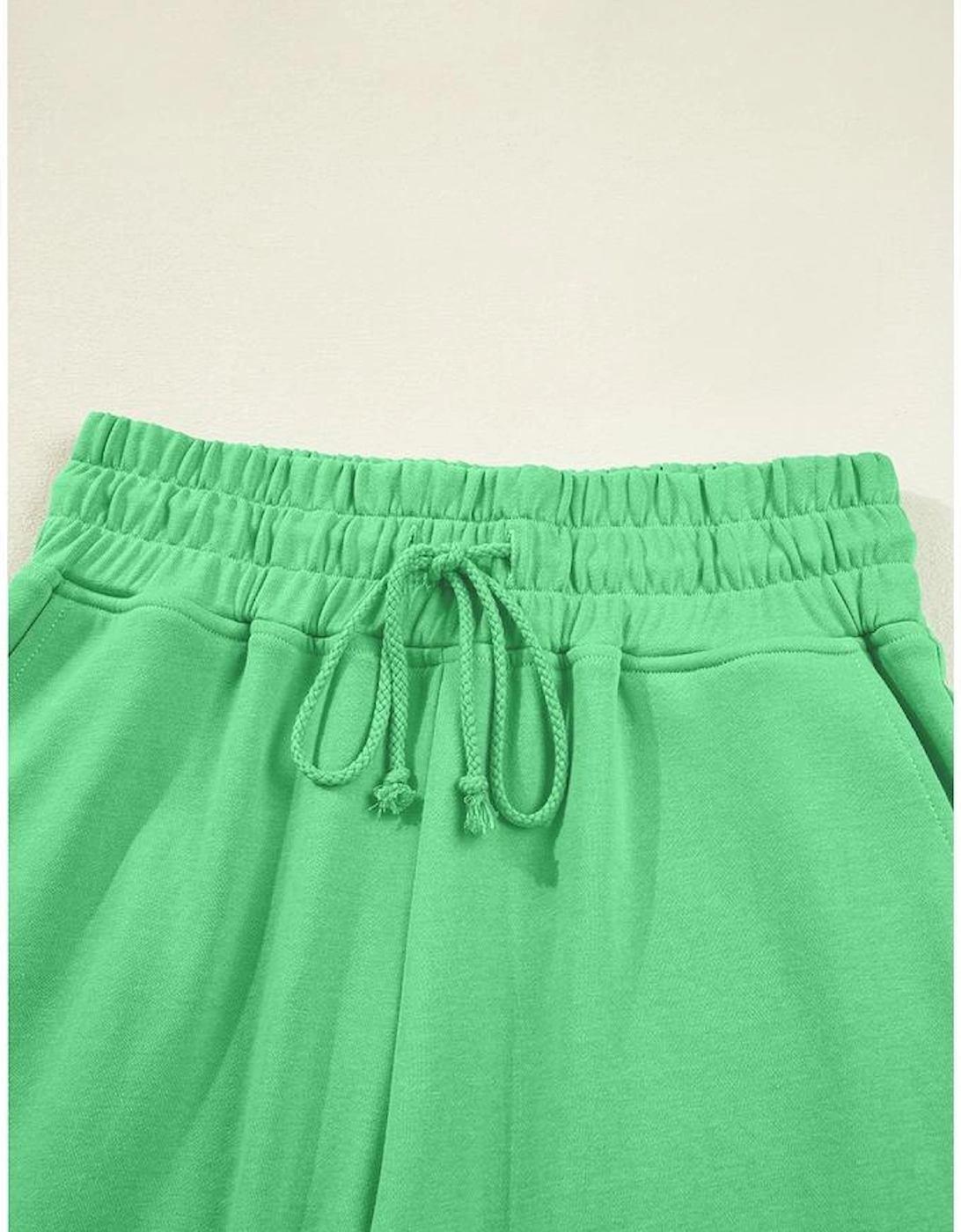 Bright Green Drop Shoulder Puff Sleeve Crop Pullover Drawstring Wide Leg Pants Set