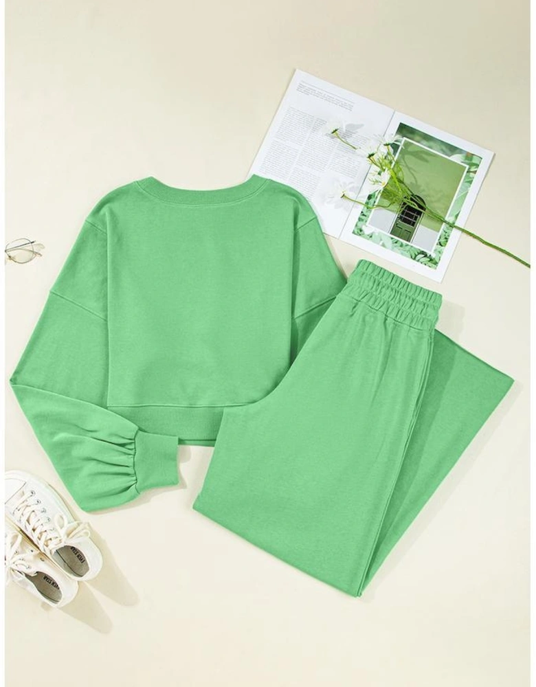 Bright Green Drop Shoulder Puff Sleeve Crop Pullover Drawstring Wide Leg Pants Set