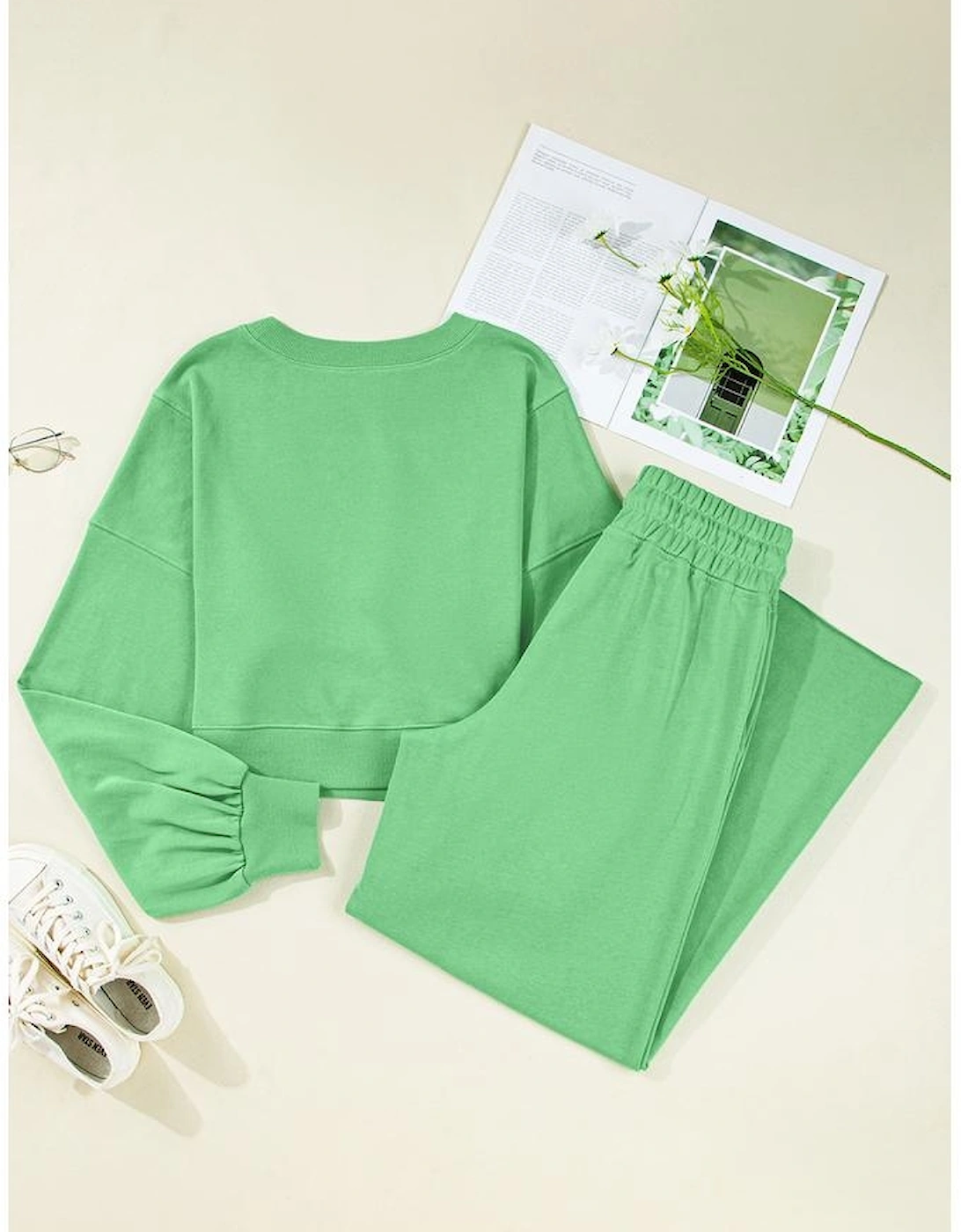 Bright Green Drop Shoulder Puff Sleeve Crop Pullover Drawstring Wide Leg Pants Set