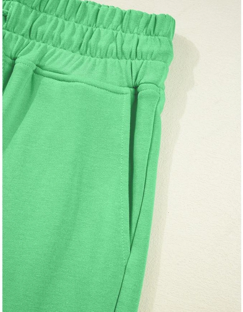Bright Green Drop Shoulder Puff Sleeve Crop Pullover Drawstring Wide Leg Pants Set
