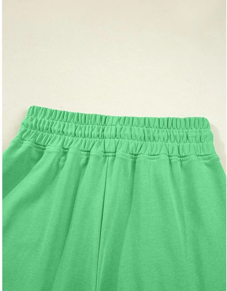 Bright Green Drop Shoulder Puff Sleeve Crop Pullover Drawstring Wide Leg Pants Set