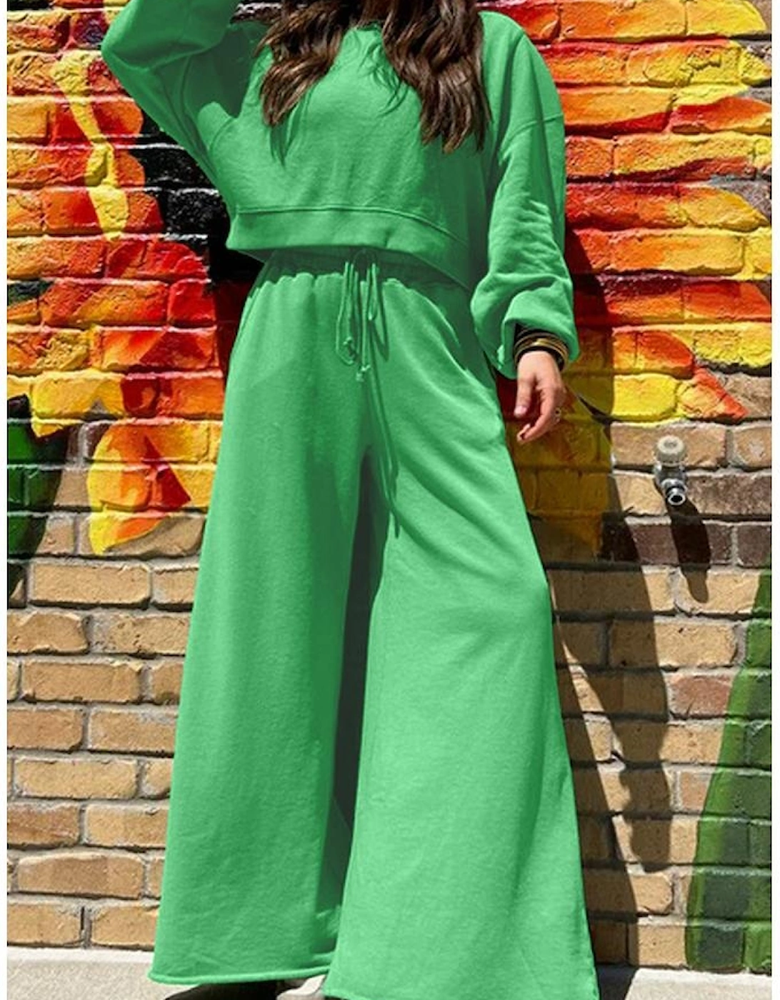 Bright Green Drop Shoulder Puff Sleeve Crop Pullover Drawstring Wide Leg Pants Set