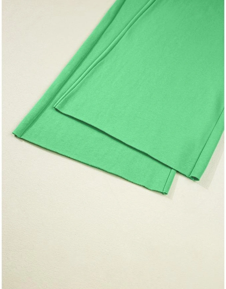 Bright Green Drop Shoulder Puff Sleeve Crop Pullover Drawstring Wide Leg Pants Set