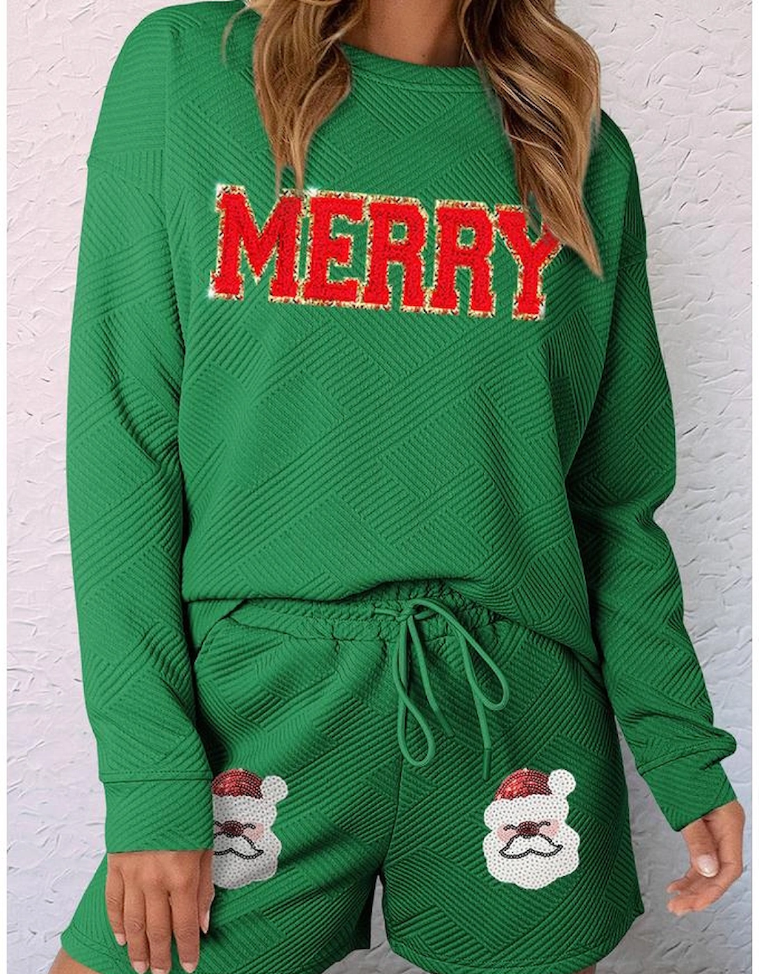 Green Chenille MERRY Letter Sequined Santa Claus Short 2pcs Outfit
