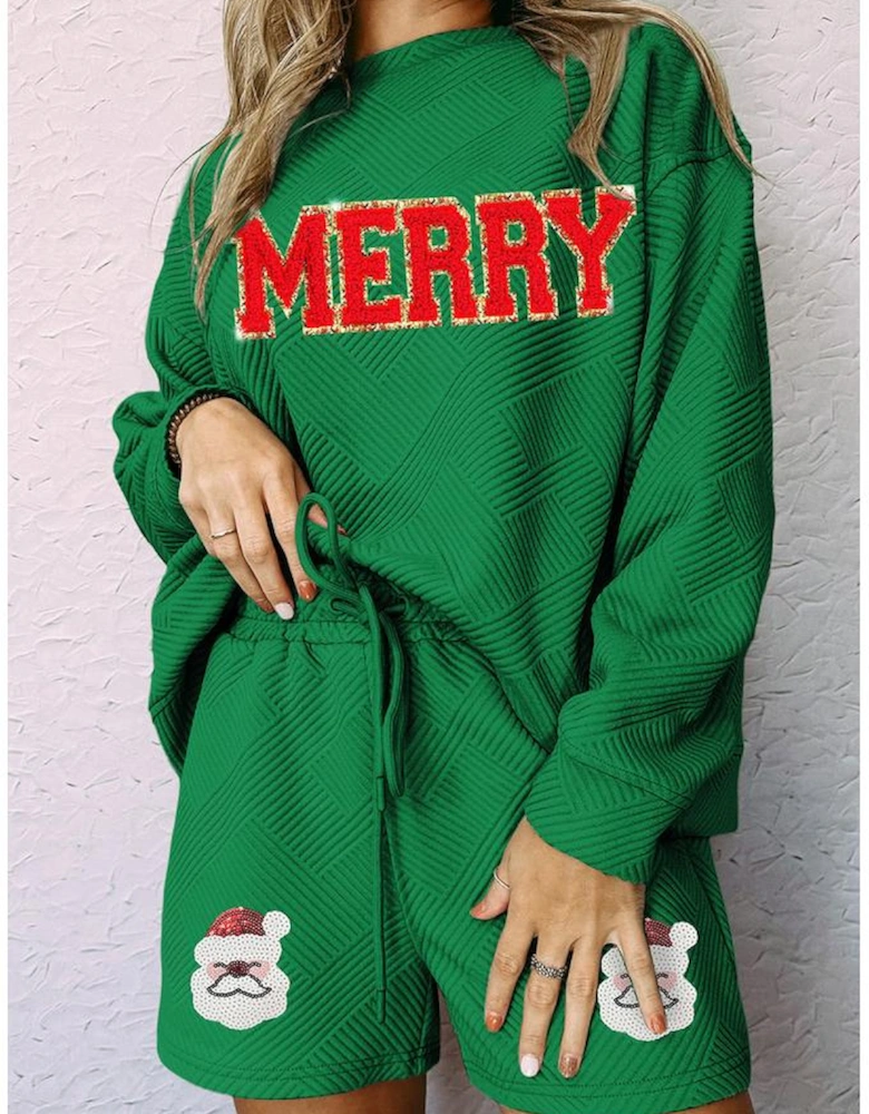 Green Chenille MERRY Letter Sequined Santa Claus Short 2pcs Outfit