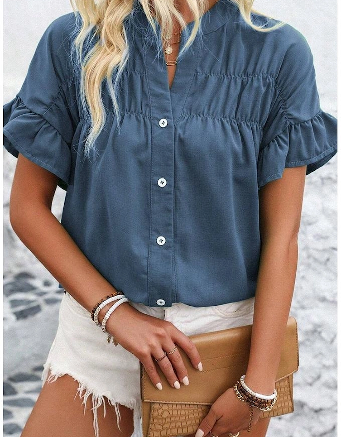 Real Teal Solid Color Ruffle Ruched Short Sleeve Buttoned Shirt, 15 of 14