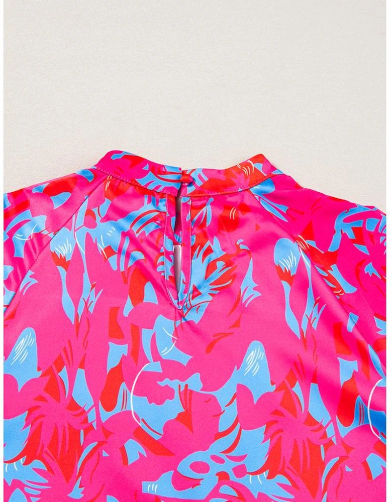 Purple Printed Bubble Sleeve Mock Neck Blouse